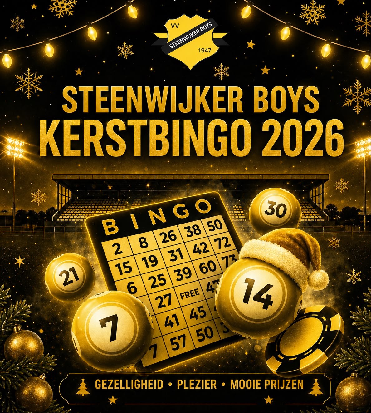 Poster Steenwijker Boys Kerstbingo 2026: gezelligheid, plezier en mooie prijzen.