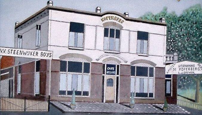 Schilderij van de oude Koperberg in Steenwijk: uitspanning van L.J. Greven, met links het bord van v.v. Steenwijker Boys