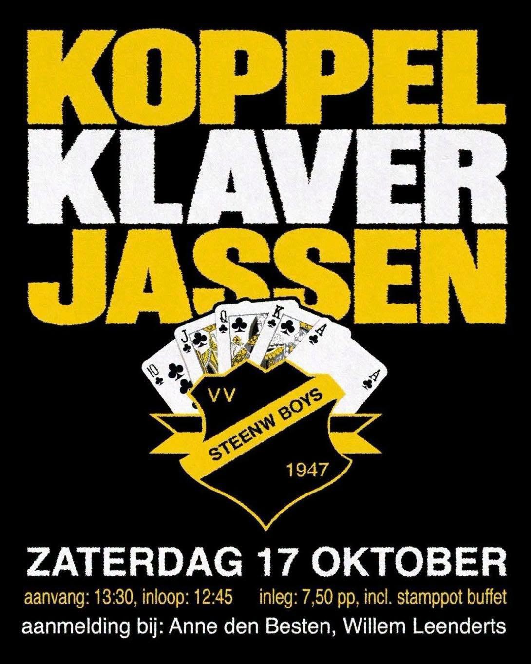 Poster koppelklaverjassen: zaterdag 17 oktober, inloop 12:45, aanvang 13:30, inleg 7,50 euro per persoon inclusief stamppotbuffet.