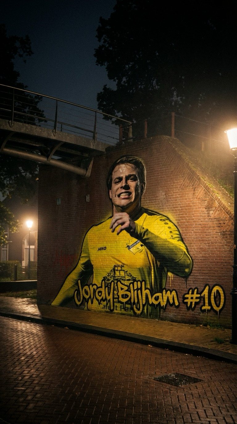 Muurschildering van Jordy Blijham in het gele shirt met rugnummer 10, 's avonds op een bakstenen muur.