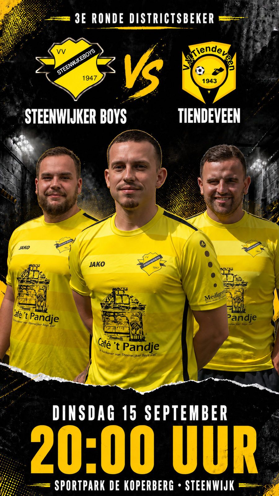 Wedstrijdaankondiging Steenwijker Boys tegen Tiendeveen, 3e ronde districtsbeker, dinsdag 15 september 20.00 uur op Sportpark De Koperberg