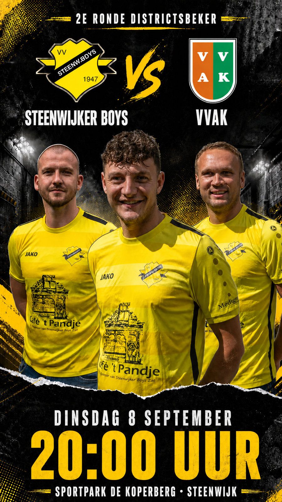 Wedstrijdaankondiging Steenwijker Boys tegen VVAK, 2e ronde districtsbeker, dinsdag 8 september 20.00 uur op Sportpark De Koperberg