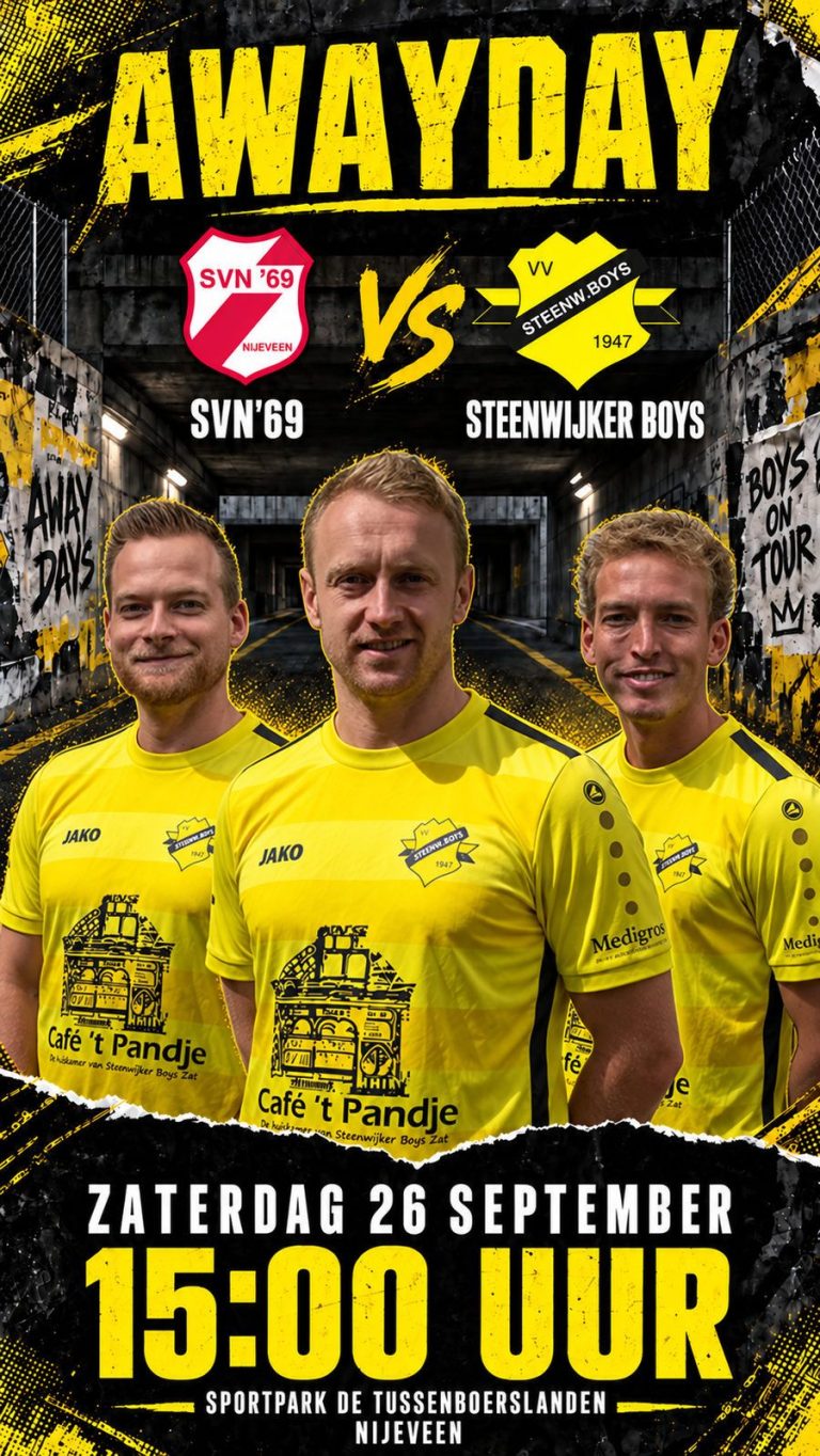 Wedstrijdaankondiging SVN'69 tegen Steenwijker Boys, zaterdag 26 september 15.00 uur op Sportpark De Tussenboerslanden in Nijeveen