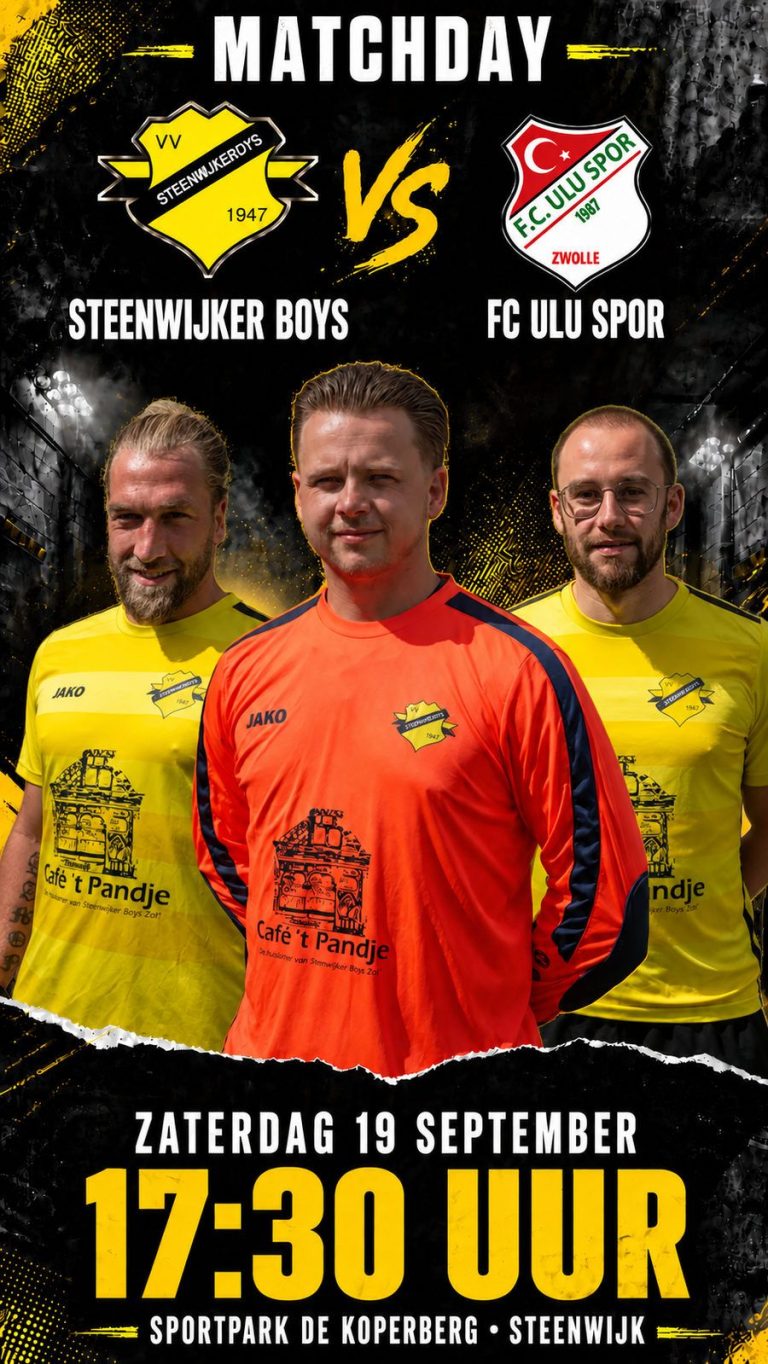 Wedstrijdaankondiging Steenwijker Boys tegen FC Ulu Spor, zaterdag 19 september 17.30 uur op Sportpark De Koperberg in Steenwijk