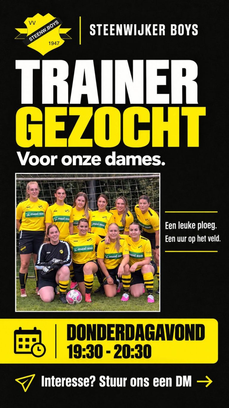 Trainer gezocht voor de dames van vv Steenwijker Boys, training op donderdagavond van 19.30 tot 20.30 uur