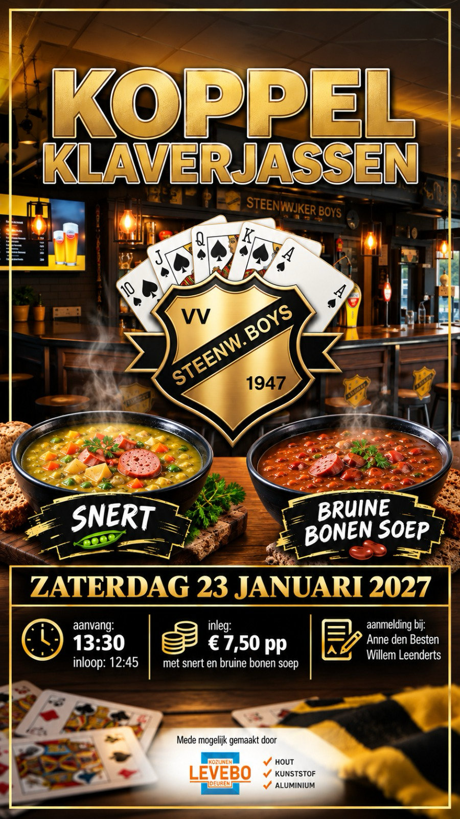Poster koppelklaverjassen: zaterdag 23 januari 2027, inloop 12:45, aanvang 13:30, inleg 7,50 euro per persoon met snert en bruine bonensoep, mede mogelijk gemaakt door Levebo.